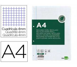Recambio liderpapel a4 100 hojas papel reciclado 100% 80g/m2 cuadro 4mm con margen 4 taladros