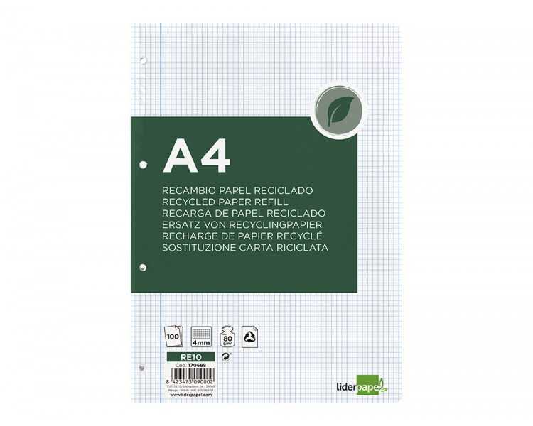 Recambio liderpapel a4 100 hojas papel reciclado 100% 80g/m2 cuadro 4mm con margen 4 taladros