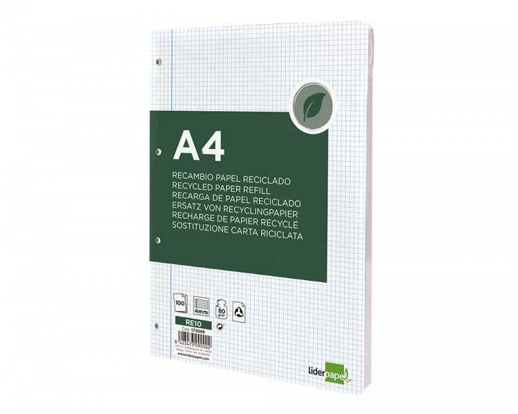 Recambio liderpapel a4 100 hojas papel reciclado 100% 80g/m2 cuadro 4mm con margen 4 taladros