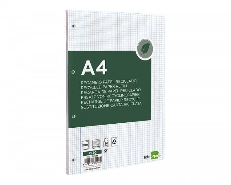 Recambio liderpapel a4 100 hojas papel reciclado 100% 80g/m2 cuadro 4mm con margen 4 taladros