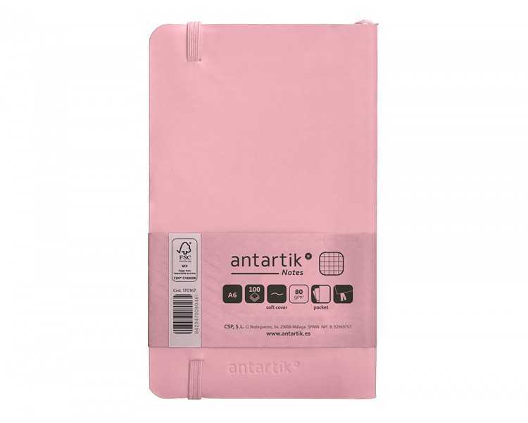 Cuaderno con gomilla antartik notes tapa blanda a6 cuadricula rosa pastel 100 hojas 80 gr fsc