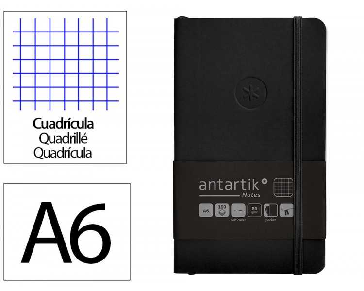 Cuaderno con gomilla antartik notes tapa blanda a6 cuadricula negro 100 hojas 80 gr fsc