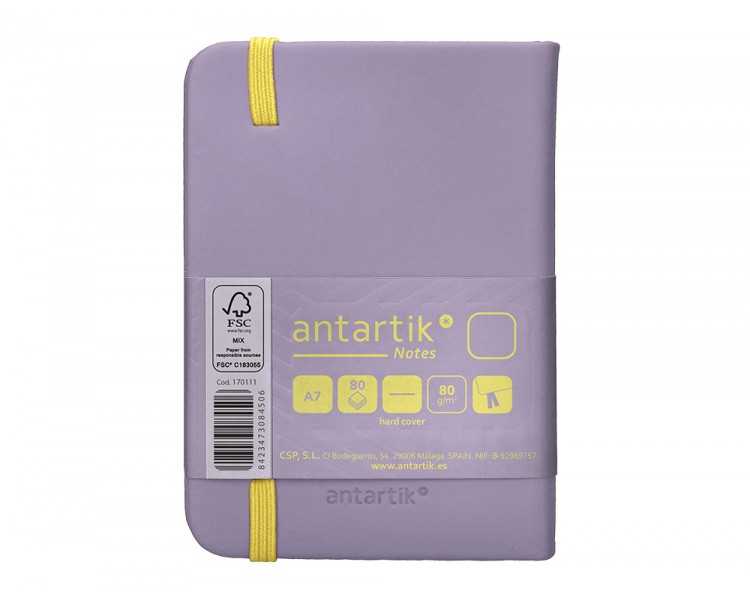Cuaderno con gomilla antartik notes tapa dura a7 hojas lisas morado y amarillo 80 hojas 80 gr fsc