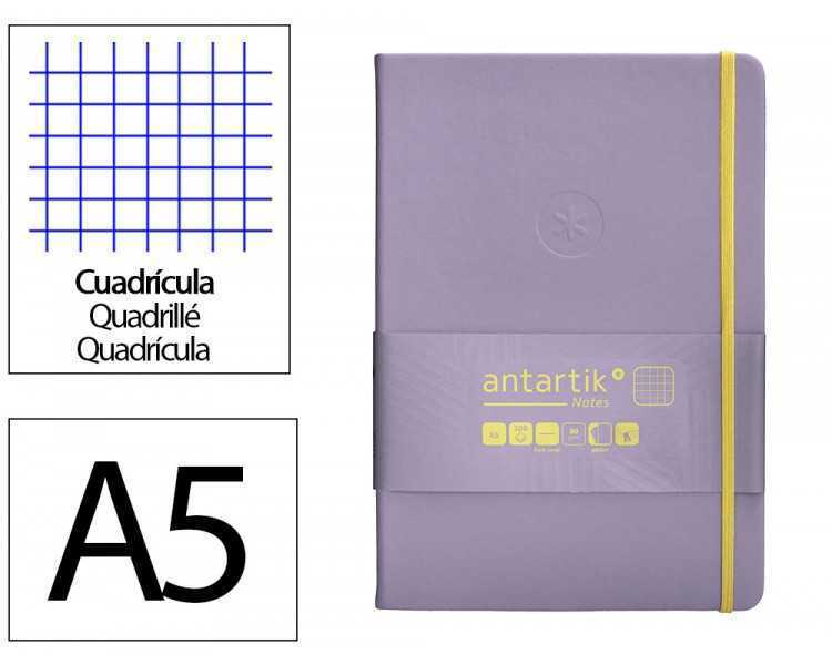 Cuaderno con gomilla antartik notes tapa dura a5 hojas cuadricula morado y amarillo 100 hojas 80 gr fsc