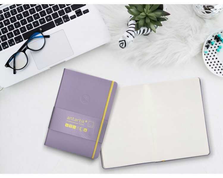 Cuaderno con gomilla antartik notes tapa dura a5 hojas puntos morado y amarillo 100 hojas 80 gr fsc
