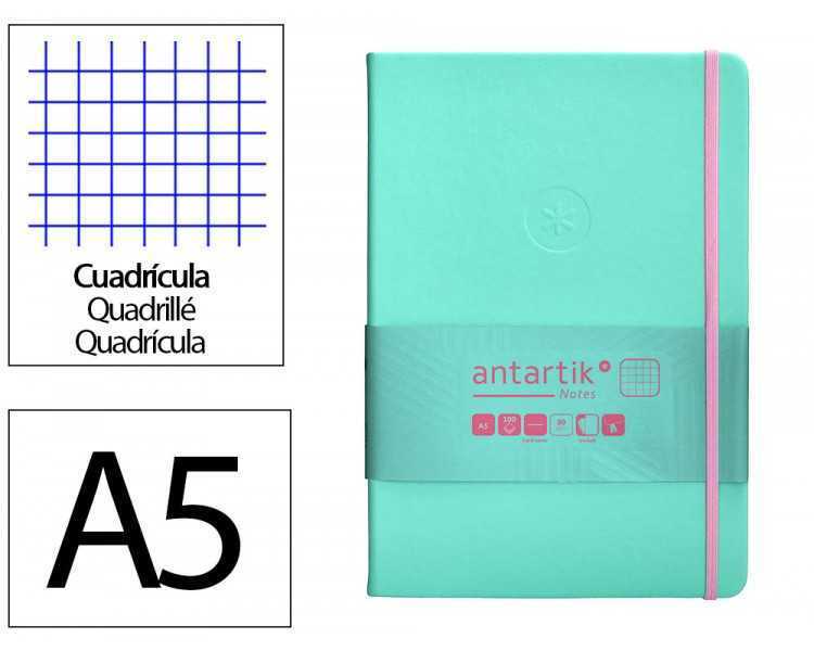 Cuaderno con gomilla antartik notes tapa dura a5 hojas cuadricula rosa y turquesa 100 hojas 80 gr fsc