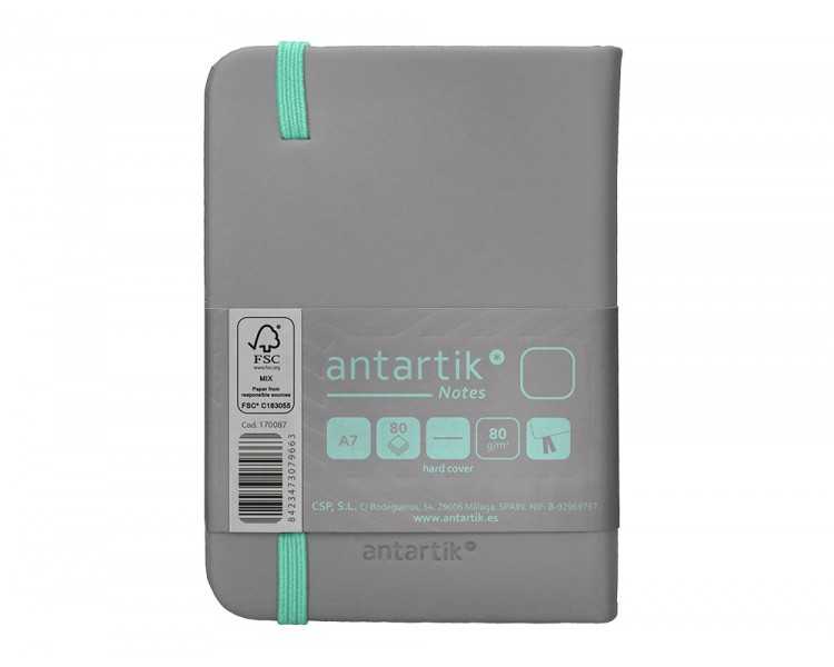 Cuaderno con gomilla antartik notes tapa dura a7 hojas lisas gris y turquesa 80 hojas 80 gr fsc