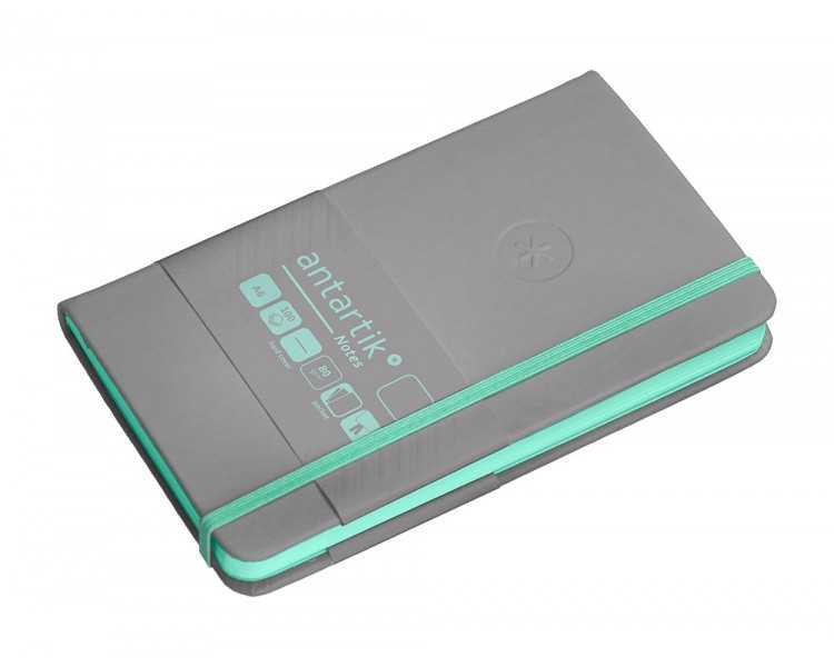 Cuaderno con gomilla antartik notes tapa dura a6 hojas lisas gris y turquesa 100 hojas 80 gr fsc