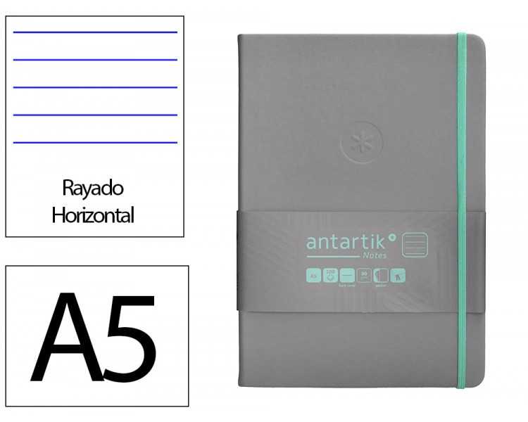 Cuaderno con gomilla antartik notes tapa dura a5 hojas rayas gris y turquesa 100 hojas 80 gr fsc