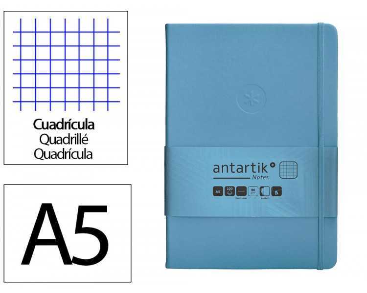 Cuaderno con gomilla antartik notes tapa dura a5 hojas cuadricula azul claro 100 hojas 80 gr fsc