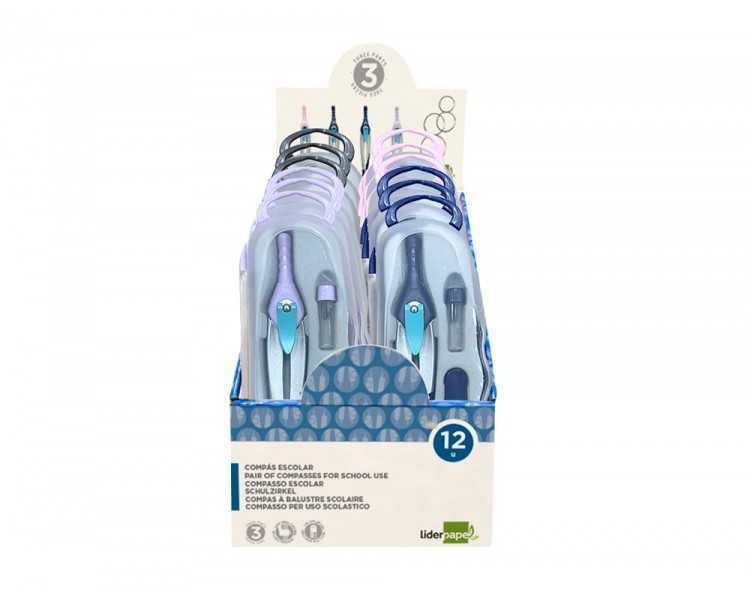Compas liderpapel lock device con adaptador universal y tubo de minas expositor con 12 unidades colores surtidos
