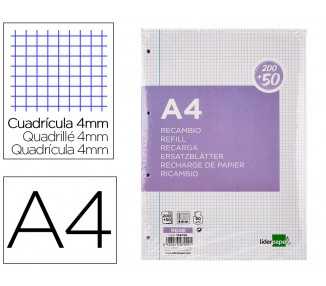Recambio liderpapel a4 200+50 hojas 90g/m2 cuadro 4 mm con margen 4 taladros