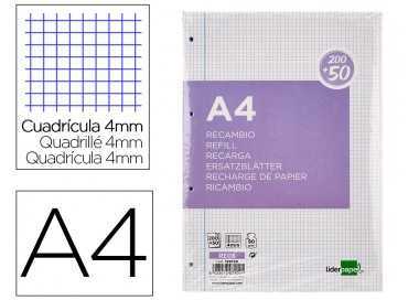 Recambio liderpapel a4 200+50 hojas 90g/m2 cuadro 4 mm con margen 4 taladros