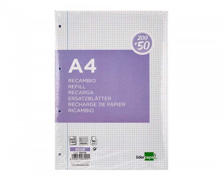 Recambio liderpapel a4 200+50 hojas 90g/m2 cuadro 4 mm con margen 4 taladros