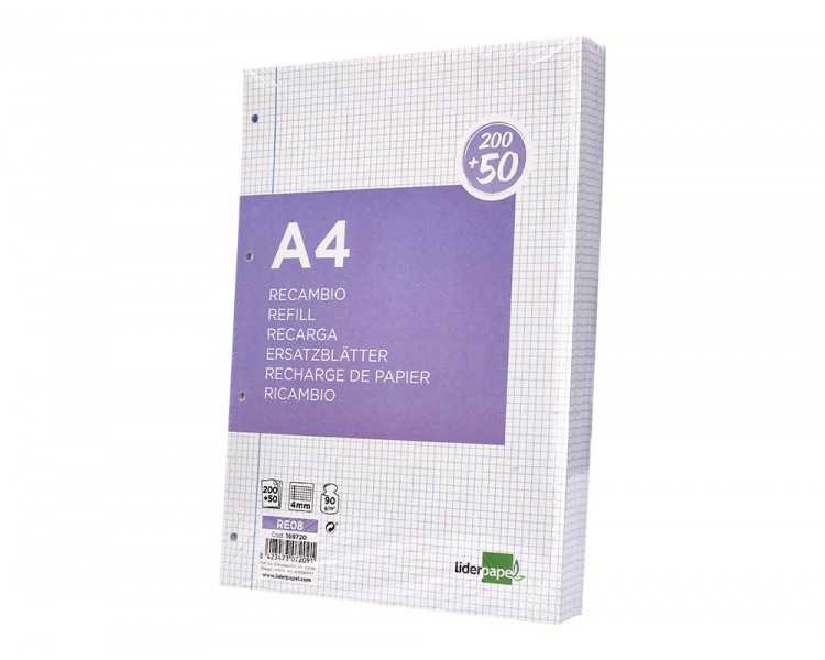 Recambio liderpapel a4 200+50 hojas 90g/m2 cuadro 4 mm con margen 4 taladros