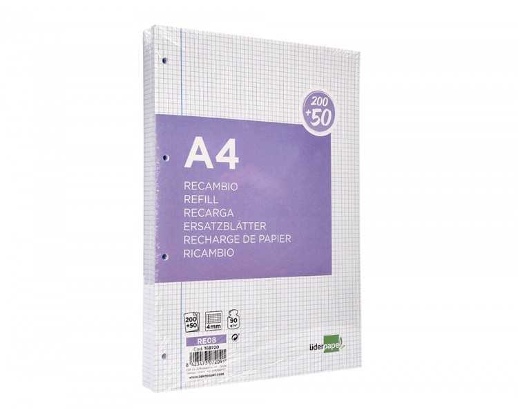 Recambio liderpapel a4 200+50 hojas 90g/m2 cuadro 4 mm con margen 4 taladros