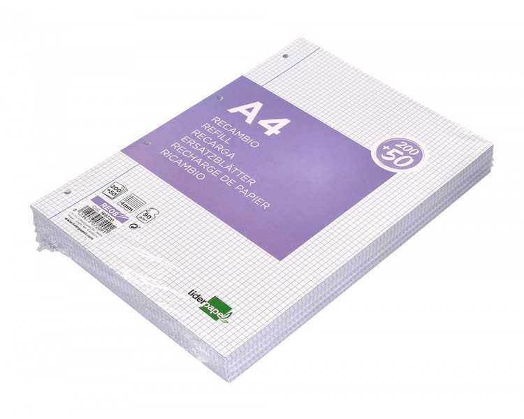 Recambio liderpapel a4 200+50 hojas 90g/m2 cuadro 4 mm con margen 4 taladros