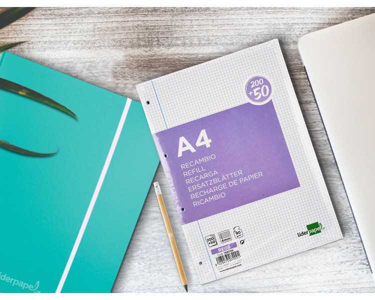 Recambio liderpapel a4 200+50 hojas 90g/m2 cuadro 4 mm con margen 4 taladros