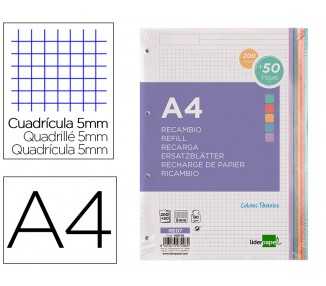 Recambio liderpapel a4 200+50 hojas 90g/m2 cuadro 5 mm 4 taladros bandas de 5 colores