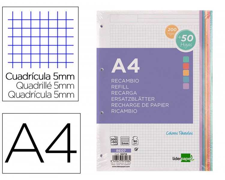 Recambio liderpapel a4 200+50 hojas 90g/m2 cuadro 5 mm 4 taladros bandas de 5 colores
