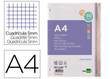 Recambio liderpapel a4 200+50 hojas 90g/m2 cuadro 5 mm 4 taladros bandas de 5 colores