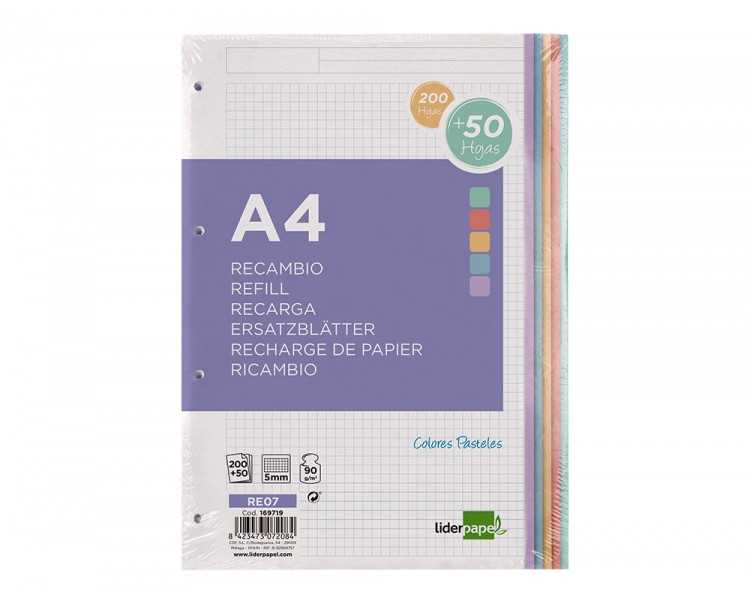 Recambio liderpapel a4 200+50 hojas 90g/m2 cuadro 5 mm 4 taladros bandas de 5 colores
