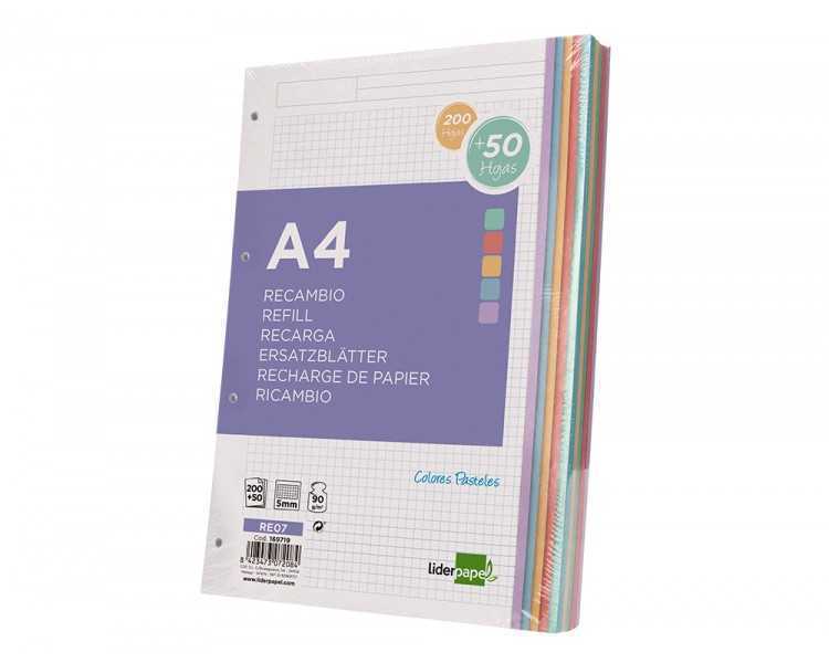 Recambio liderpapel a4 200+50 hojas 90g/m2 cuadro 5 mm 4 taladros bandas de 5 colores