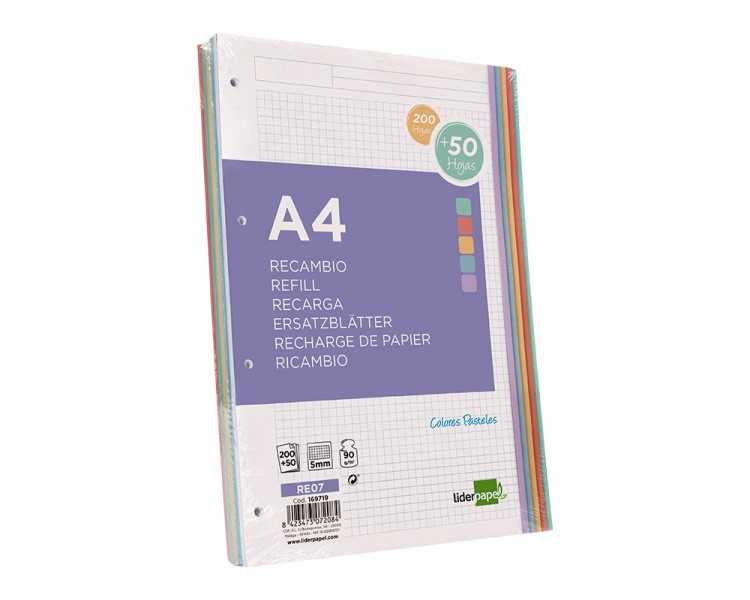 Recambio liderpapel a4 200+50 hojas 90g/m2 cuadro 5 mm 4 taladros bandas de 5 colores