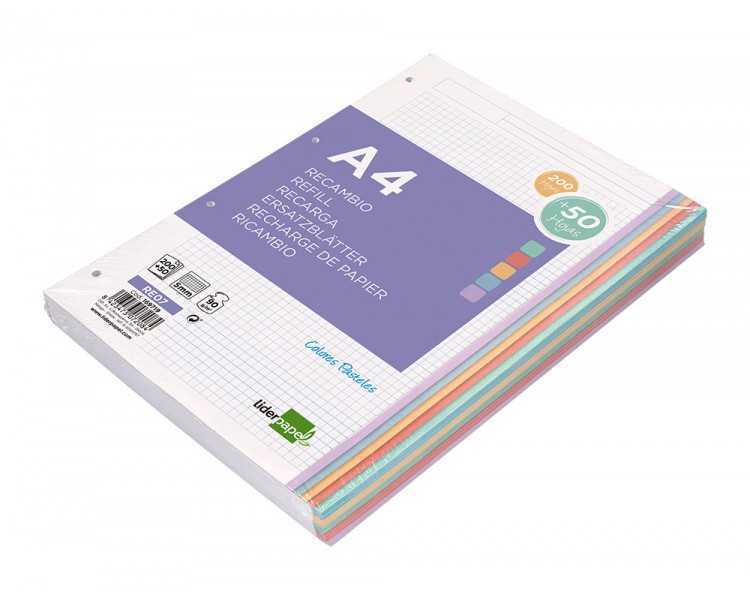 Recambio liderpapel a4 200+50 hojas 90g/m2 cuadro 5 mm 4 taladros bandas de 5 colores