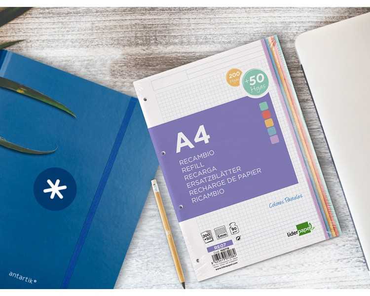 Recambio liderpapel a4 200+50 hojas 90g/m2 cuadro 5 mm 4 taladros bandas de 5 colores