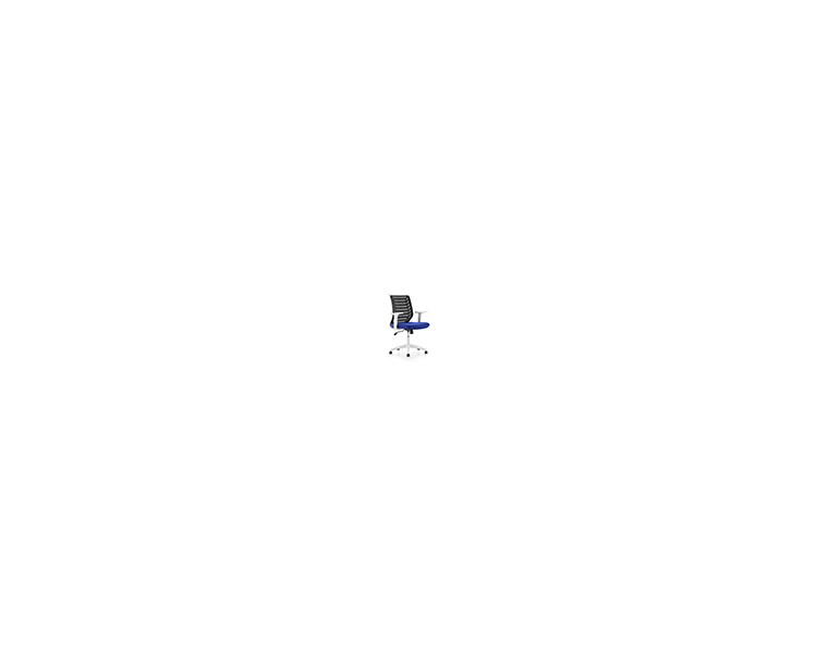 Silla rocada de oficina brazos regulables estructura blanca respaldo malla y asiento tela ignifuga azul