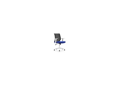 Silla rocada de oficina brazos regulables estructura blanca respaldo malla y asiento tela ignifuga azul