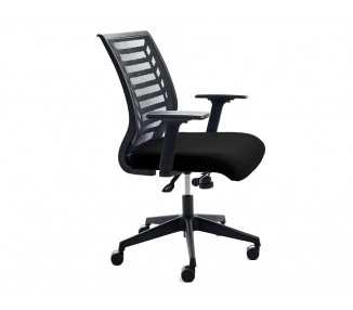 Silla rocada de oficina brazos regulables estructura blanca respaldo malla y asiento tela ignifuga negro