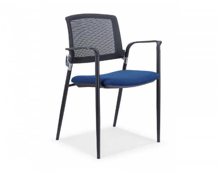 Silla rocada confidente brazos fijos estructura metalica asiento tela ignifuga azul respaldo malla