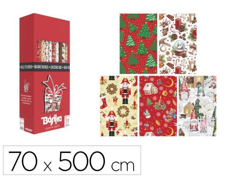 Papel de regalo basika navidad rollo ancho 70 cm longitud 5 m diseños surtidos gramaje 50 gr