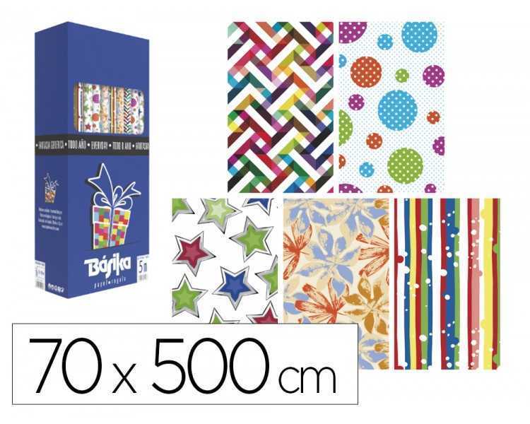 Papel de regalo basika todo año rollo ancho 70 cm longitud 5 m modelos surtidos gramaje 50 gr
