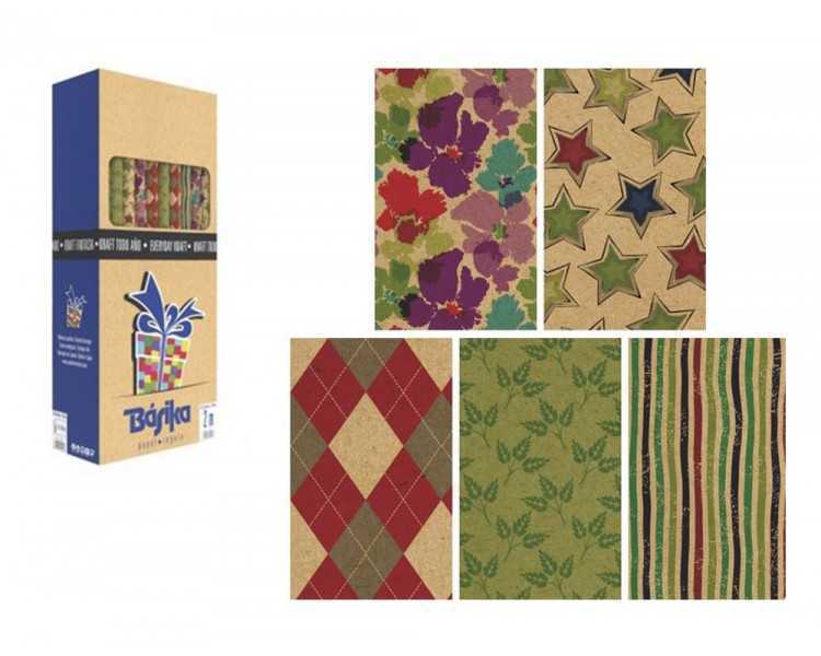 Papel de regalo basika kraft todo año rollo ancho 70 cm longitud 2 m diseños surtidos gramaje 50 gr