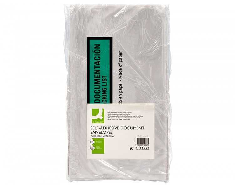 Sobre autoadhesivo q-connect portadocumentos multilingue 240x135 mm sin ventana 100% papel paquete de 100 unidades