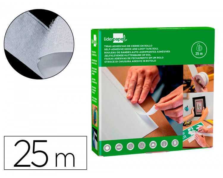 Cinta de cierre adhesiva liderpapel velcro blanco 20mm x 25m