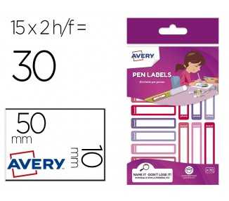 Etiqueta avery para boligrafos y lapices rosa y violeta 50x10 mm blister de 30 unidades