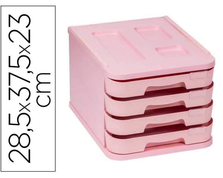 Fichero cajones de sobremesa faibo plastico 100% reciclable 4 cajones rosa pastel 28,5x37,5x23 cm