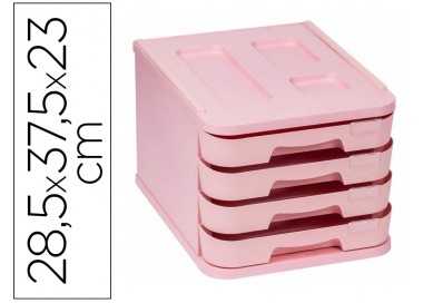 Fichero cajones de sobremesa faibo plastico 100% reciclable 4 cajones rosa pastel 28,5x37,5x23 cm