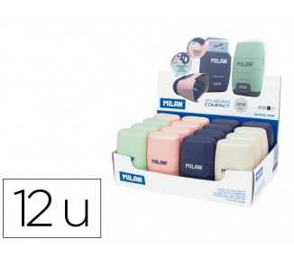 Sacapuntas milan compact serie 1918 plastico 2 usos con goma de borrar expositor de 16 unidades colores