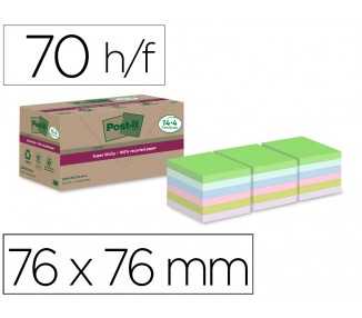 Bloc de notas adhesivas quita y pon post-it super sticky 76x76 mm 70 hojas recicladas paquete de 14 unidades