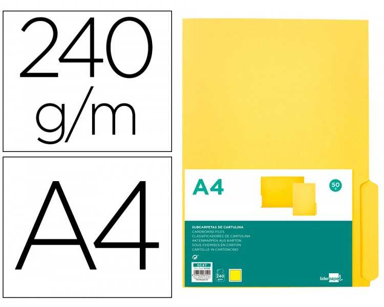Subcarpeta cartulina liderpapel a4 pestaña inferior 240g/m2 color amarillo