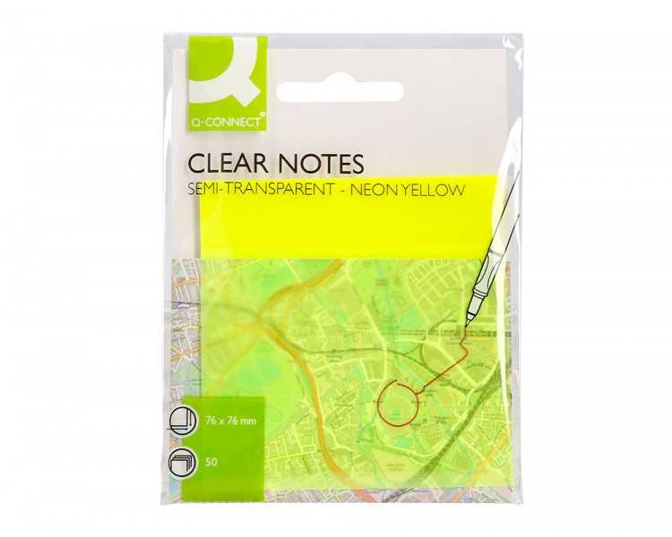 Bloc de notas adhesivas quita y pon q-connect 76x76 mm removible plastico translucido amarillo neon con 50 hojas