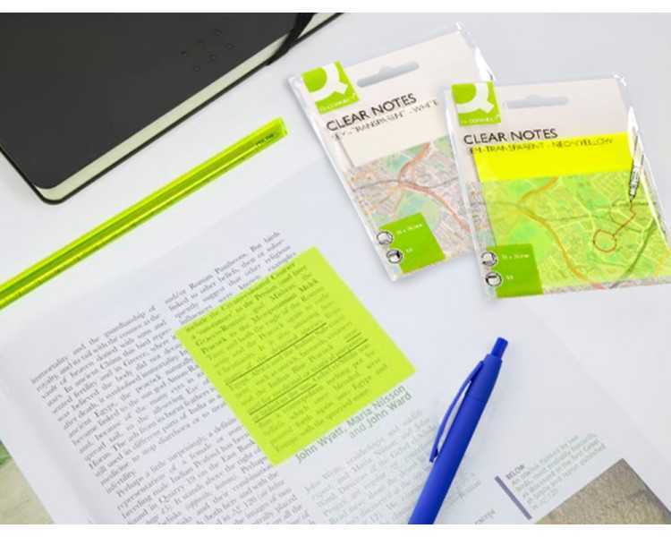 Bloc de notas adhesivas quita y pon q-connect 76x76 mm removible plastico translucido amarillo neon con 50 hojas