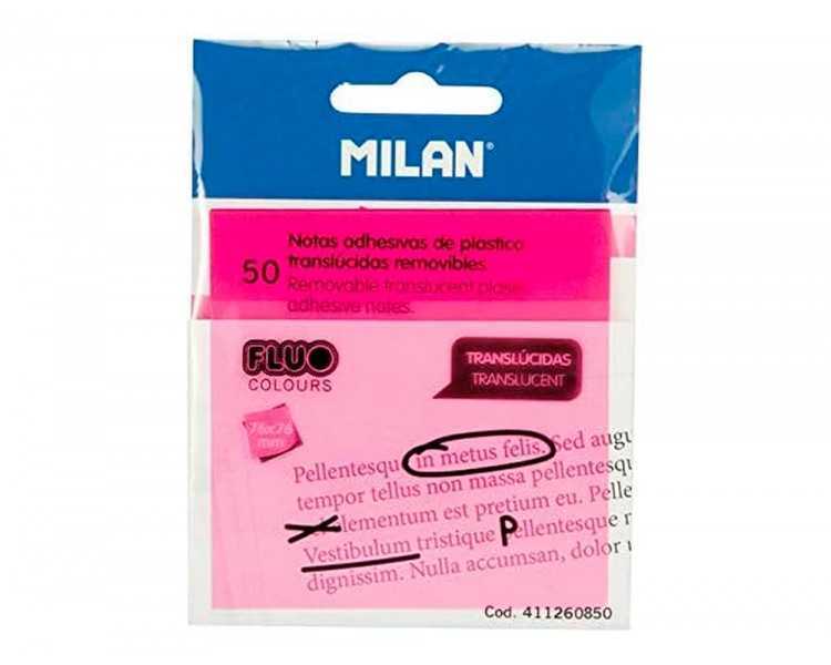 Bloc de notas adhesivas quita y pon milan 76x76 mm removible plastico translucido rosa fluor 50 hojas