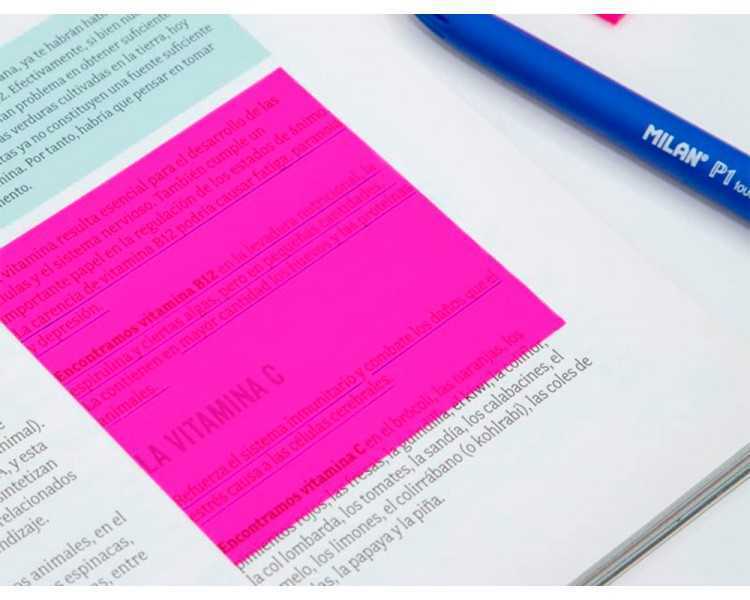 Bloc de notas adhesivas quita y pon milan 76x76 mm removible plastico translucido rosa fluor 50 hojas