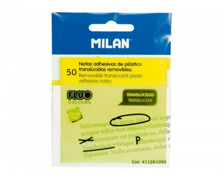 Bloc de notas adhesivas quita y pon milan 76x76 mm removible plastico translucido amarillo fluor 50 hojas